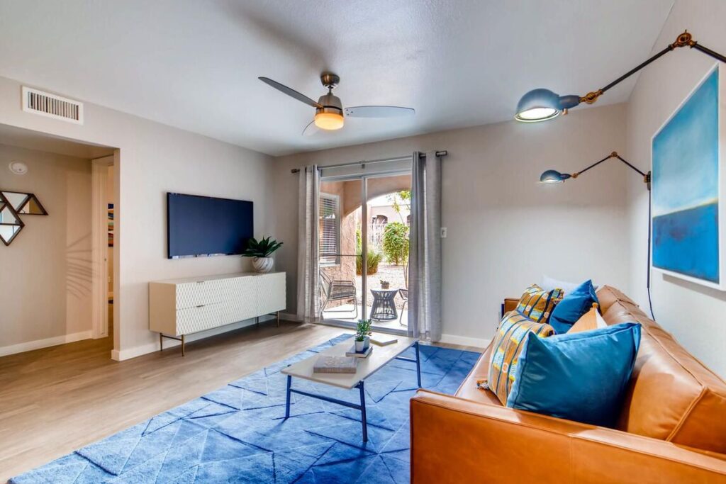 Open living room with glass patio doors