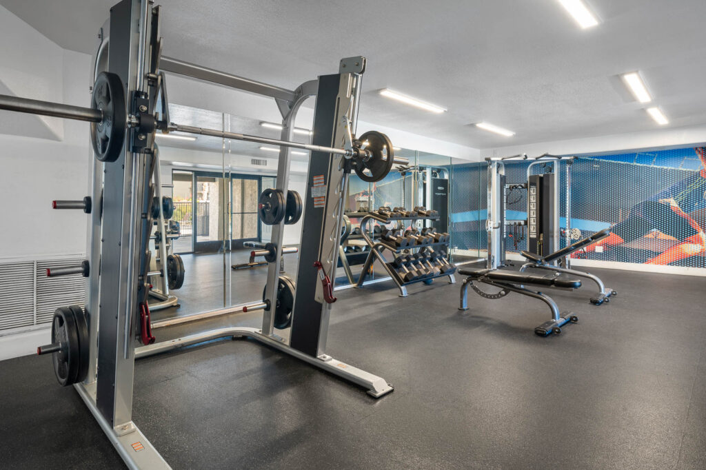 A modern gym room with a Smith machine, weight rack with dumbbells, a workout bench, and mirrors. The walls are decorated with a blue geometric mural, and the floor has black rubber mats. Bright overhead lights illuminate the space.