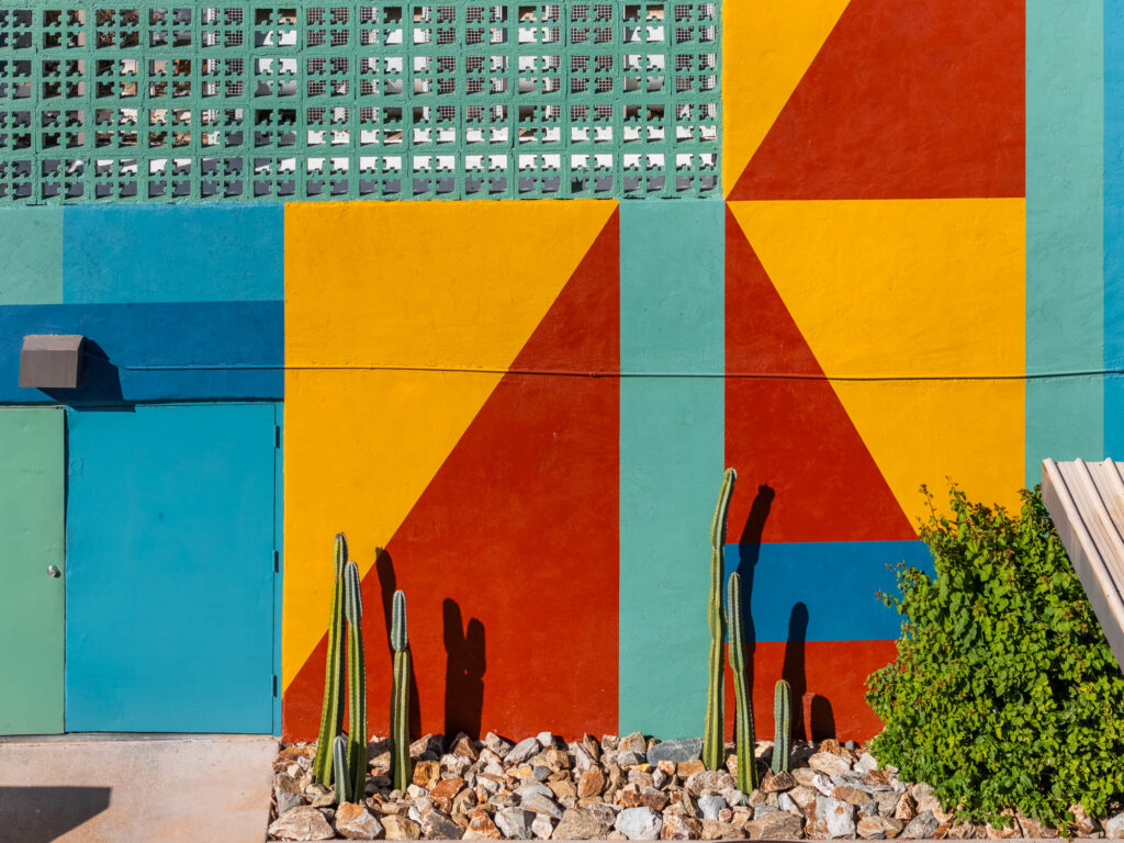 A colorful geometric mural on a wall features bold red, yellow, orange, and green shapes. In front, several tall cacti and rocks are arranged beside a leafy shrub, with a blue door to the left.
